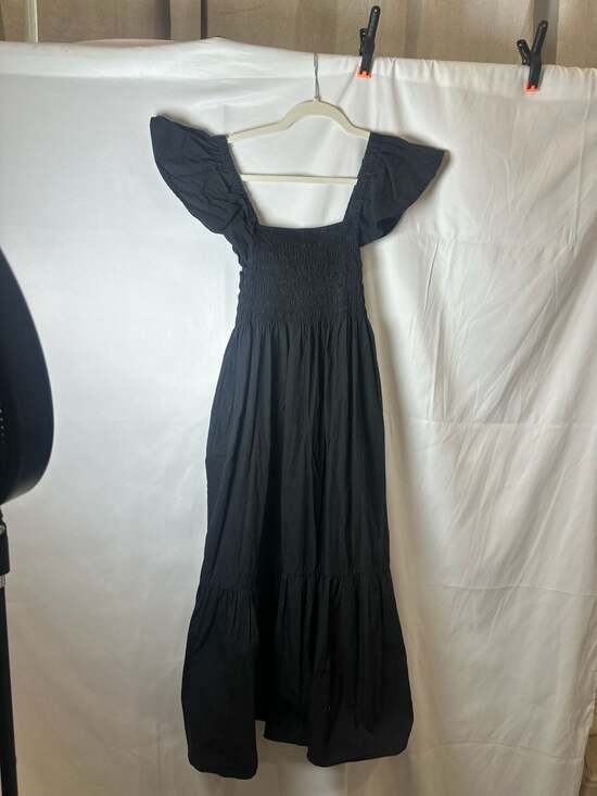 AQUA Dresses & Skirts - AQUA Black Smocked Tiered Cotton Midi Dress with Ruffle Sleeves, Size S